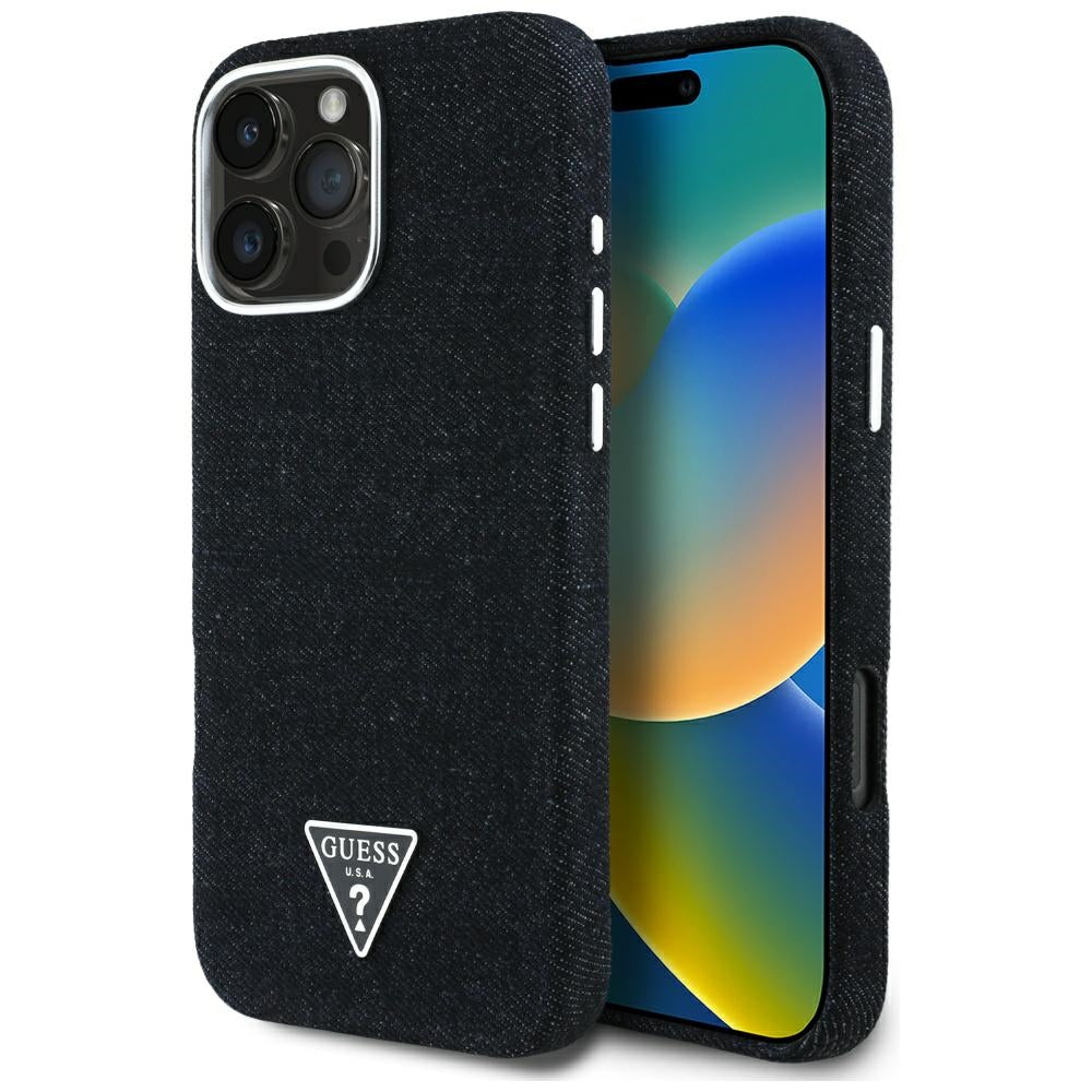Pouzdro MagSafe pro Apple iPhone 16 Pro, Guess, Denim Triangle Logo, Černá