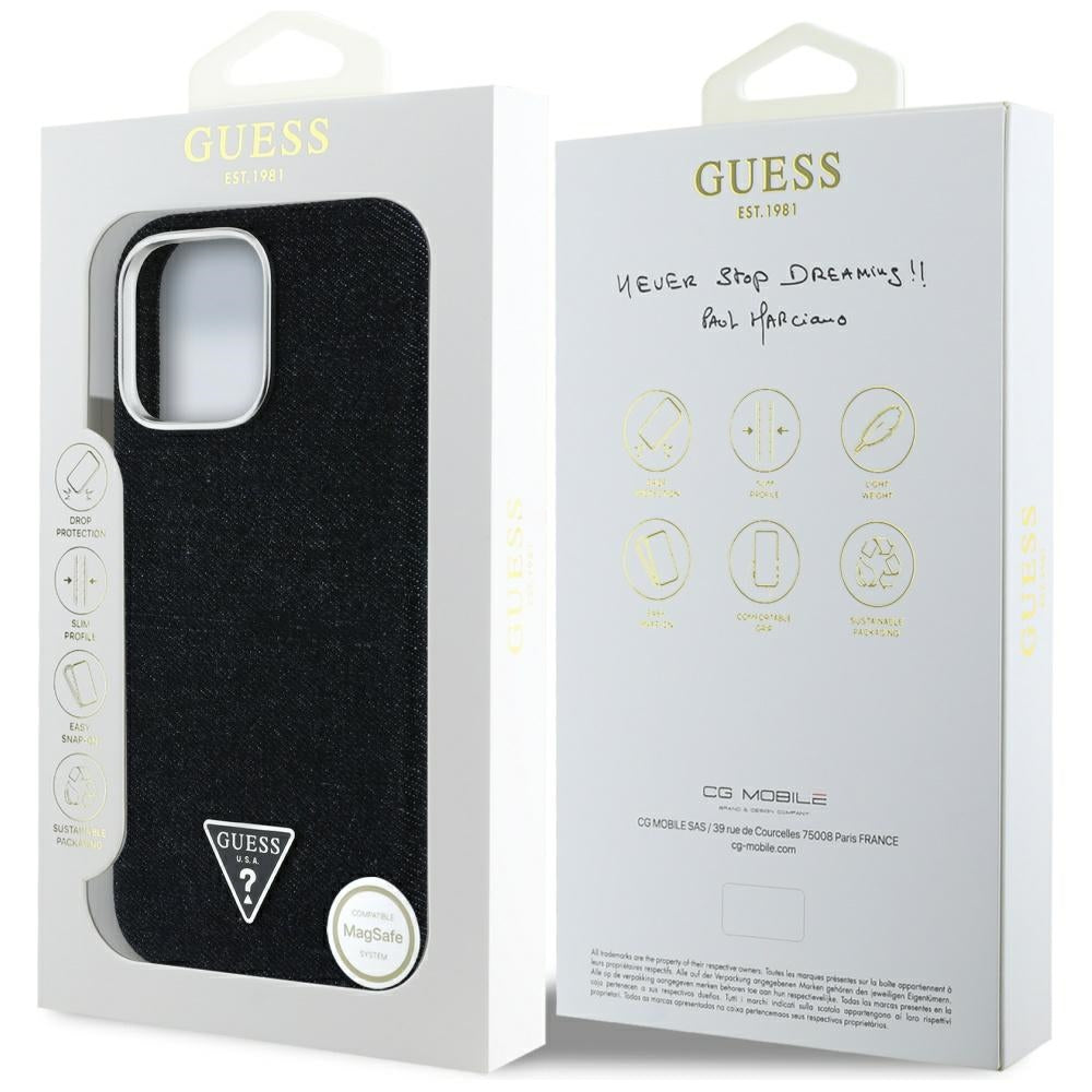 Pouzdro MagSafe pro Apple iPhone 16 Pro, Guess, Denim Triangle Logo, Černá