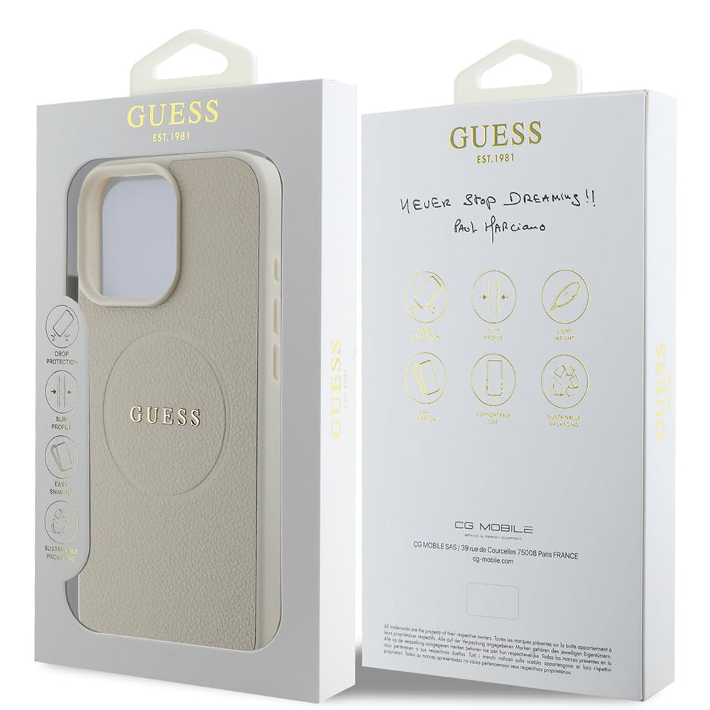 Pouzdro MagSafe pro Apple iPhone 16 Pro, Guess, Grained Gold Ring, Bežové