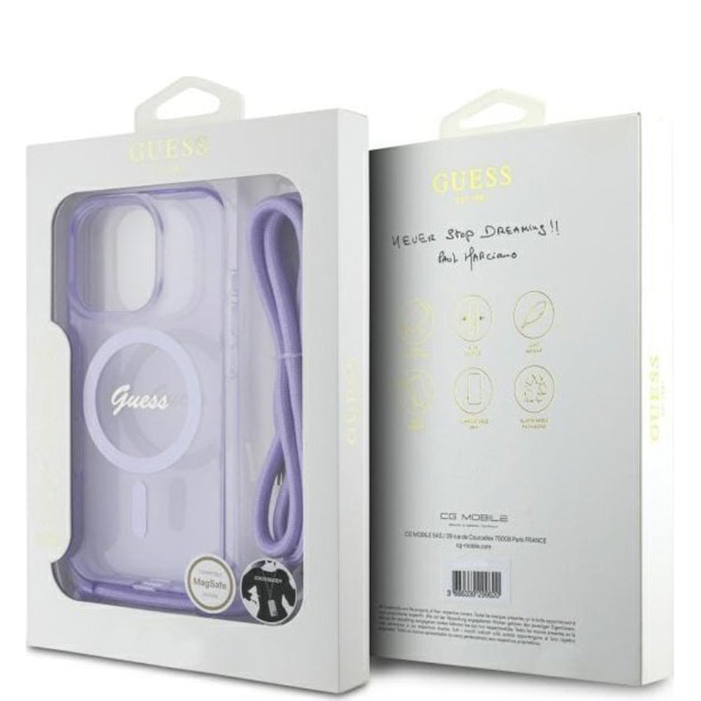 MagSafe Case for Apple iPhone 16 Pro, Guess, IML Crossbody Cord Script, Purple