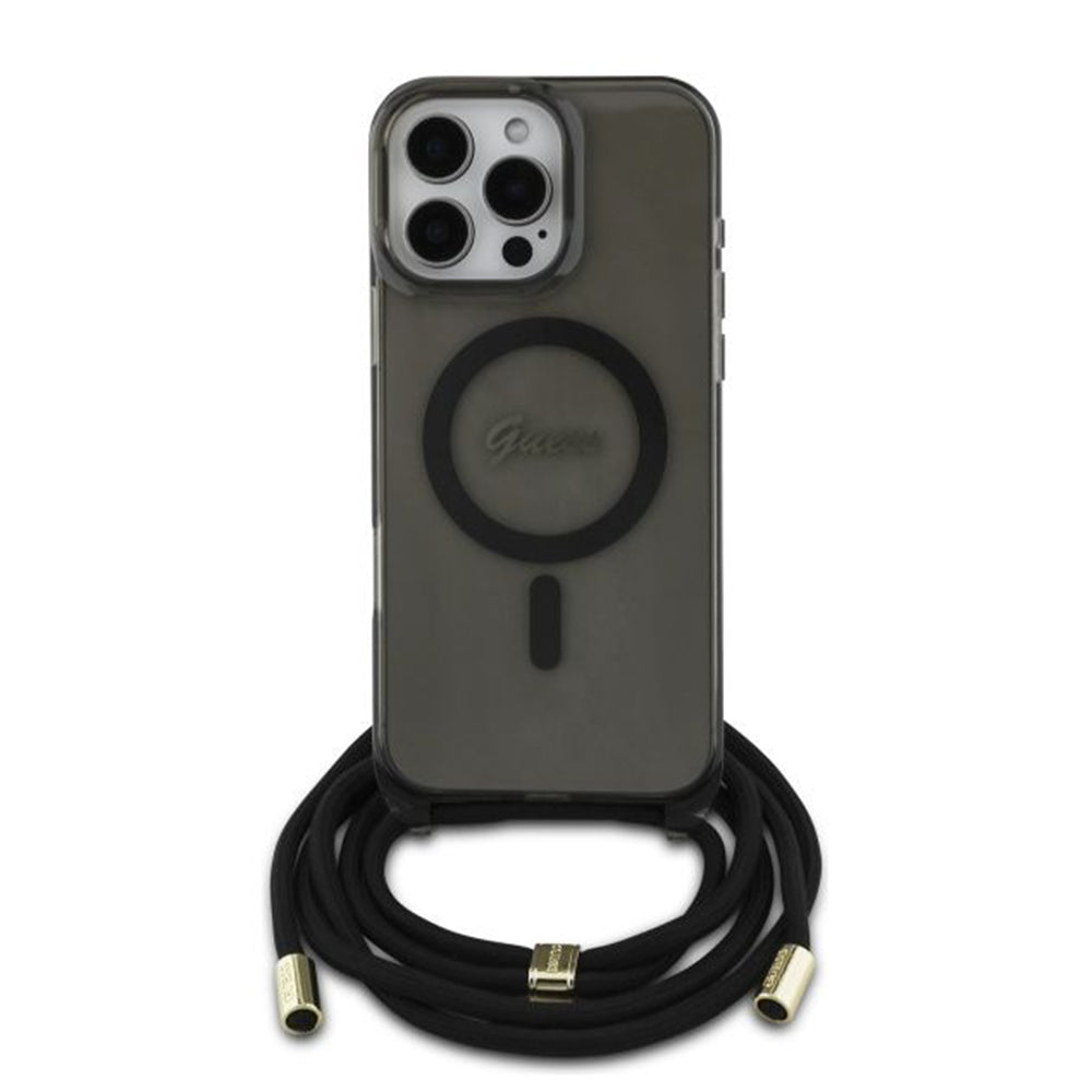 Pouzdro MagSafe pro Apple iPhone 16 Pro, Guess, IML Crossbody Cord Script, Černá