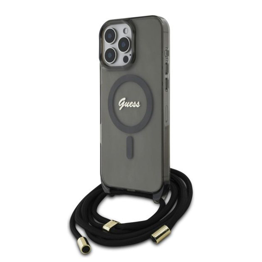 Pouzdro MagSafe pro Apple iPhone 16 Pro, Guess, IML Crossbody Cord Script, Černá