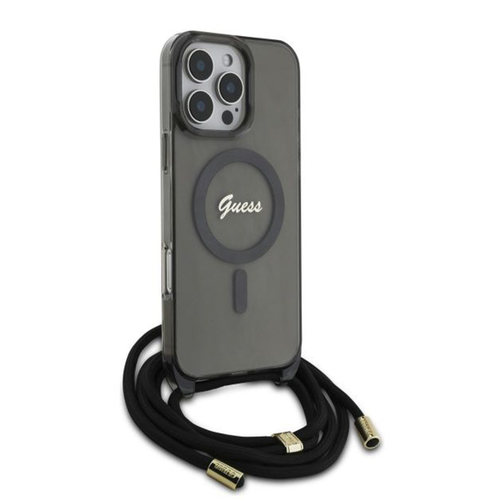 Pouzdro MagSafe pro Apple iPhone 16 Pro, Guess, IML Crossbody Cord Script, Černá
