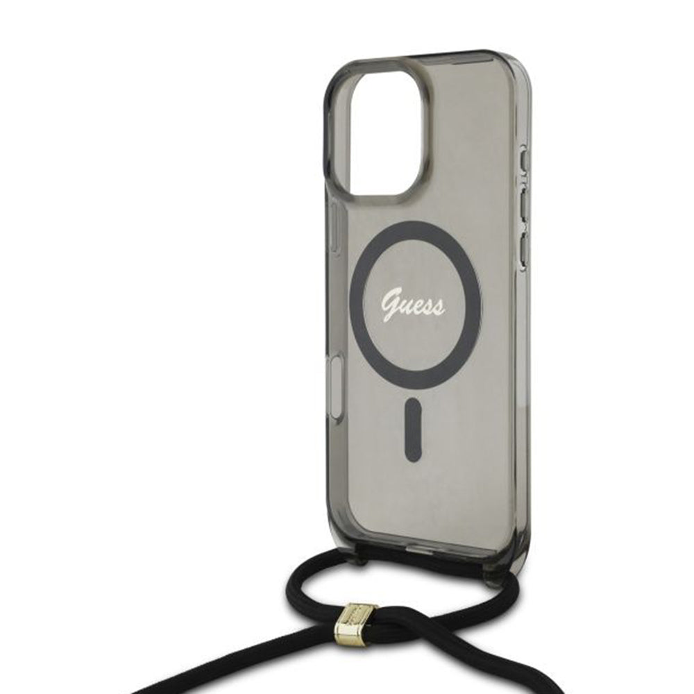 Pouzdro MagSafe pro Apple iPhone 16 Pro, Guess, IML Crossbody Cord Script, Černá