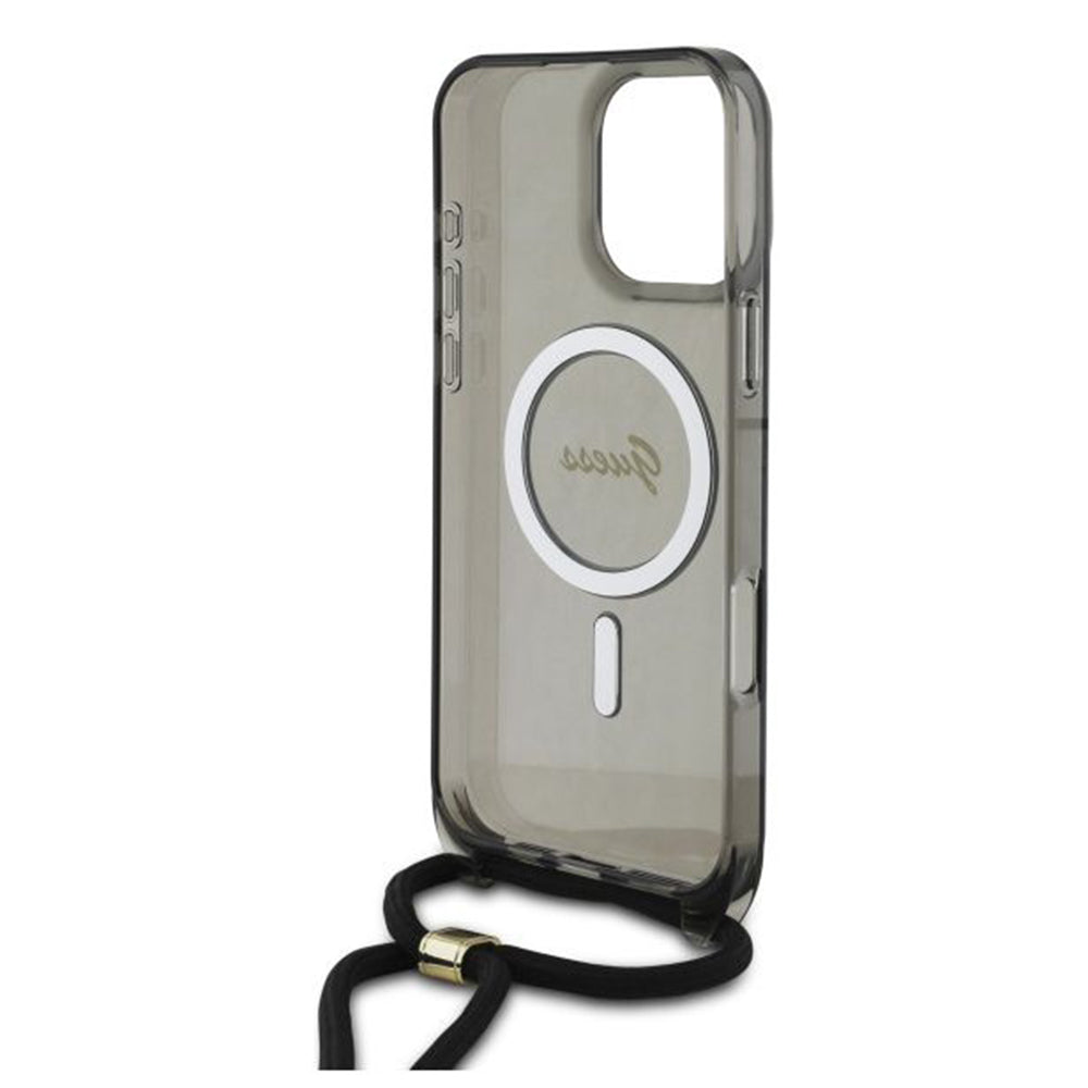 Pouzdro MagSafe pro Apple iPhone 16 Pro, Guess, IML Crossbody Cord Script, Černá