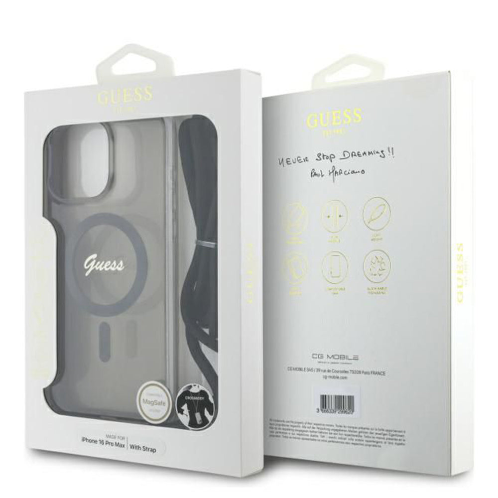Pouzdro MagSafe pro Apple iPhone 16 Pro, Guess, IML Crossbody Cord Script, Černá