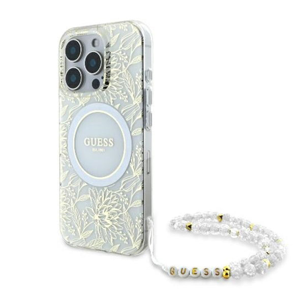 Pouzdro MagSafe pro Apple iPhone 16 Pro, Guess, IML Flowers Allover Electroplated with Pearl Strap, Bílá