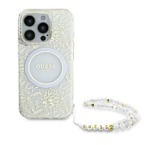 Pouzdro MagSafe pro Apple iPhone 16 Pro, Guess, IML Flowers Allover Electroplated with Pearl Strap, Bílá