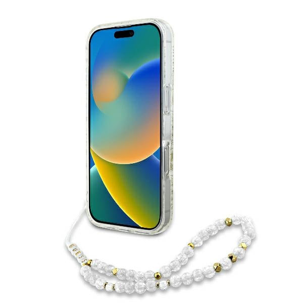Pouzdro MagSafe pro Apple iPhone 16 Pro, Guess, IML Flowers Allover Electroplated with Pearl Strap, Bílá