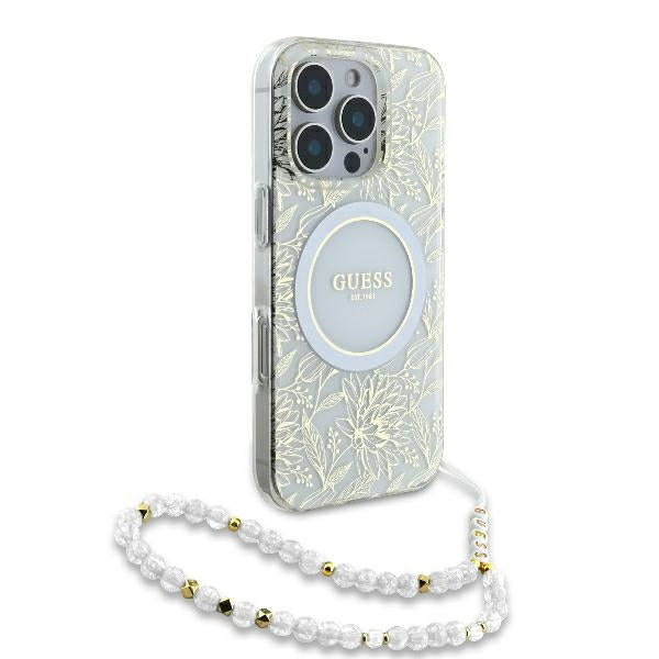 Pouzdro MagSafe pro Apple iPhone 16 Pro, Guess, IML Flowers Allover Electroplated with Pearl Strap, Bílá