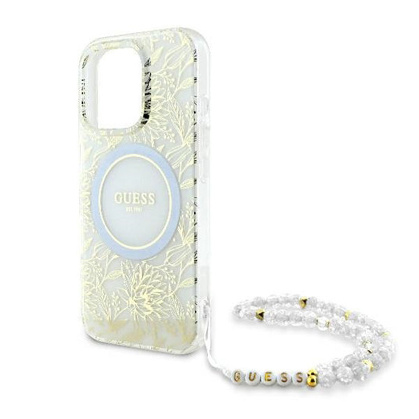 Pouzdro MagSafe pro Apple iPhone 16 Pro, Guess, IML Flowers Allover Electroplated with Pearl Strap, Bílá