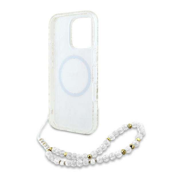 Pouzdro MagSafe pro Apple iPhone 16 Pro, Guess, IML Flowers Allover Electroplated with Pearl Strap, Bílá