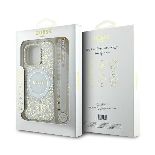 Pouzdro MagSafe pro Apple iPhone 16 Pro, Guess, IML Flowers Allover Electroplated with Pearl Strap, Bílá