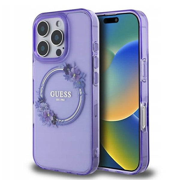 Pouzdro MagSafe pro Apple iPhone 16 Pro, Guess, IML Flowers Wreath, Fialová