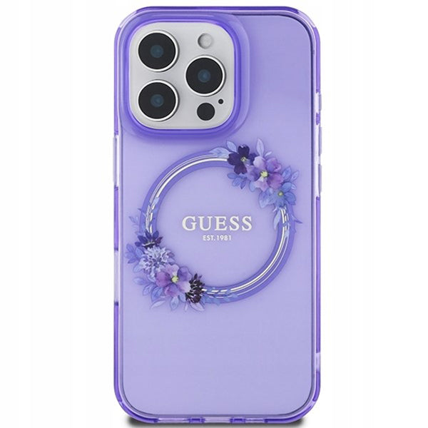 Pouzdro MagSafe pro Apple iPhone 16 Pro, Guess, IML Flowers Wreath, Fialová