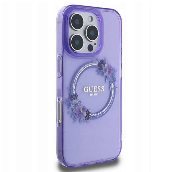Pouzdro MagSafe pro Apple iPhone 16 Pro, Guess, IML Flowers Wreath, Fialová