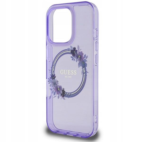 Pouzdro MagSafe pro Apple iPhone 16 Pro, Guess, IML Flowers Wreath, Fialová