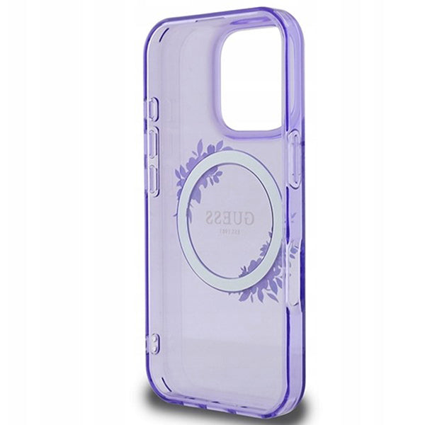 Pouzdro MagSafe pro Apple iPhone 16 Pro, Guess, IML Flowers Wreath, Fialová