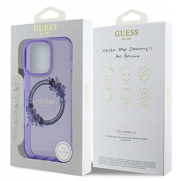 Pouzdro MagSafe pro Apple iPhone 16 Pro, Guess, IML Flowers Wreath, Fialová