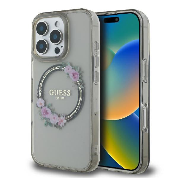 Pouzdro MagSafe pro Apple iPhone 16 Pro, Guess, IML Flowers Wreath, Černá