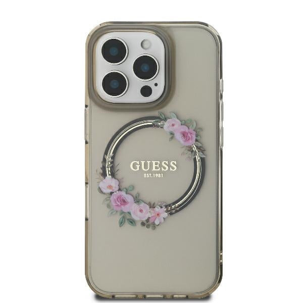 Pouzdro MagSafe pro Apple iPhone 16 Pro, Guess, IML Flowers Wreath, Černá