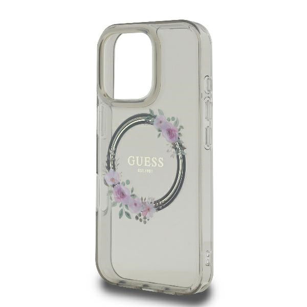 Pouzdro MagSafe pro Apple iPhone 16 Pro, Guess, IML Flowers Wreath, Černá