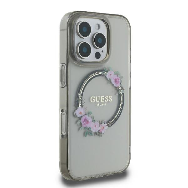 Pouzdro MagSafe pro Apple iPhone 16 Pro, Guess, IML Flowers Wreath, Černá