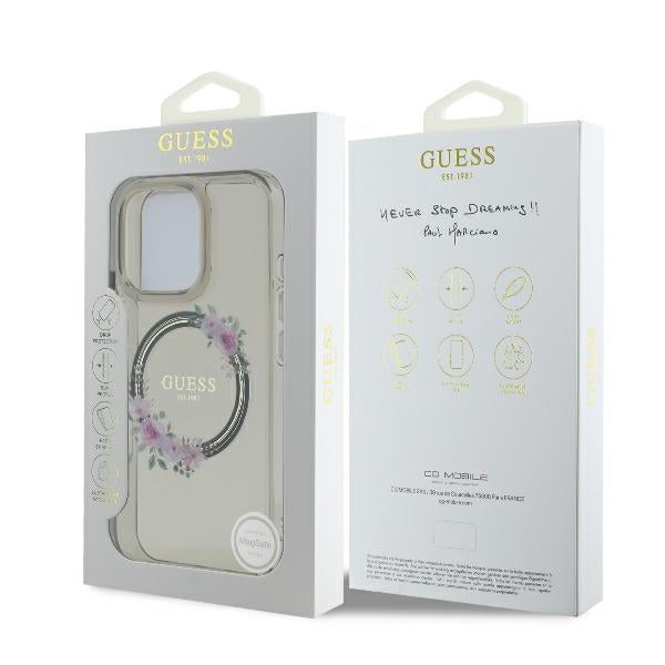 Pouzdro MagSafe pro Apple iPhone 16 Pro, Guess, IML Flowers Wreath, Černá