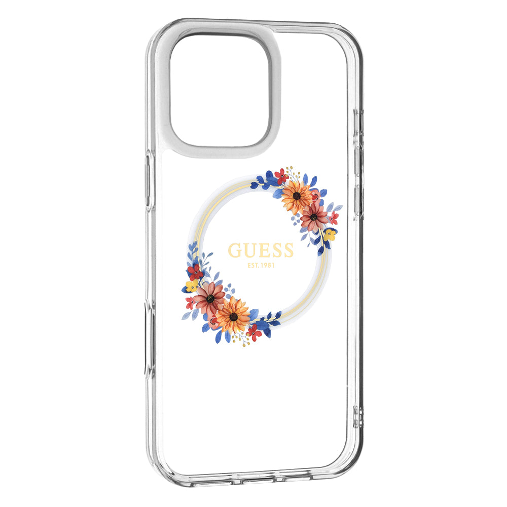 Pouzdro MagSafe pro Apple iPhone 16 Pro, Guess, IML Flowers Wreath, Transparentní