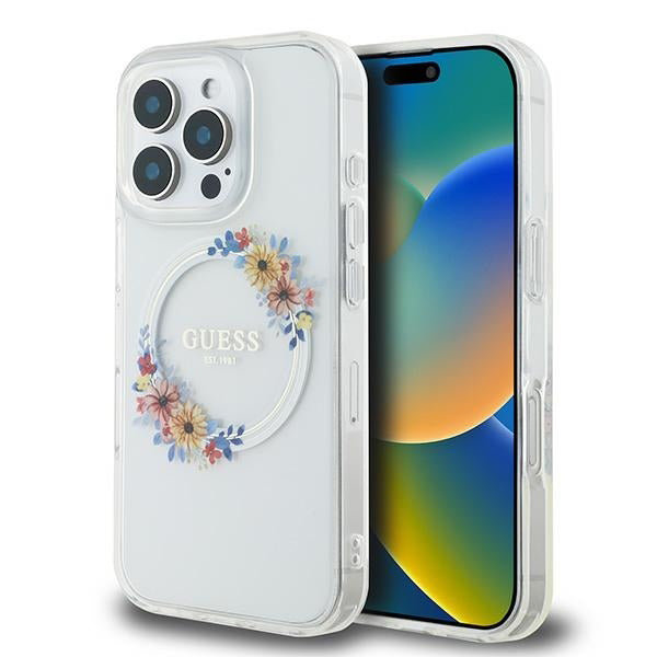 Pouzdro MagSafe pro Apple iPhone 16 Pro, Guess, IML Flowers Wreath, Transparentní