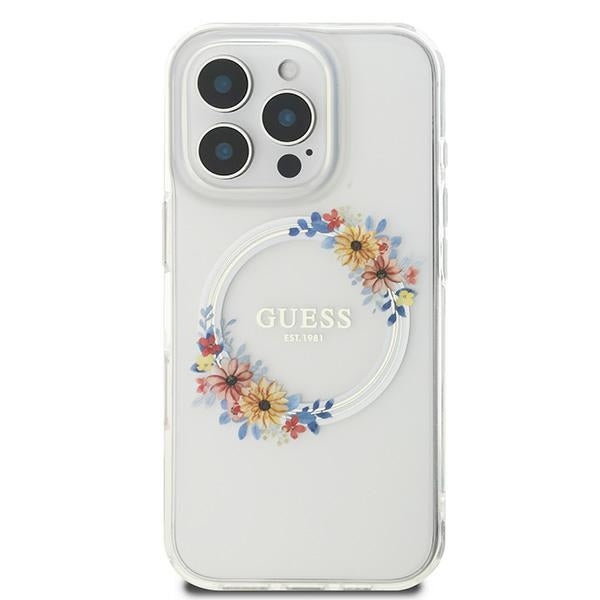 Pouzdro MagSafe pro Apple iPhone 16 Pro, Guess, IML Flowers Wreath, Transparentní