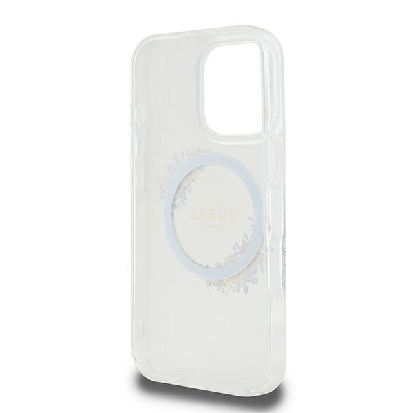 Pouzdro MagSafe pro Apple iPhone 16 Pro, Guess, IML Flowers Wreath, Transparentní