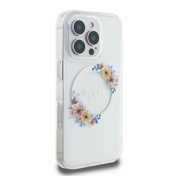 Pouzdro MagSafe pro Apple iPhone 16 Pro, Guess, IML Flowers Wreath, Transparentní