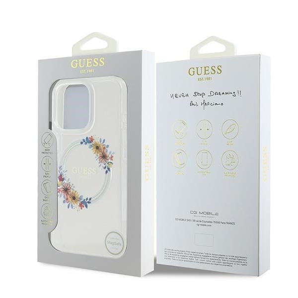 Pouzdro MagSafe pro Apple iPhone 16 Pro, Guess, IML Flowers Wreath, Transparentní