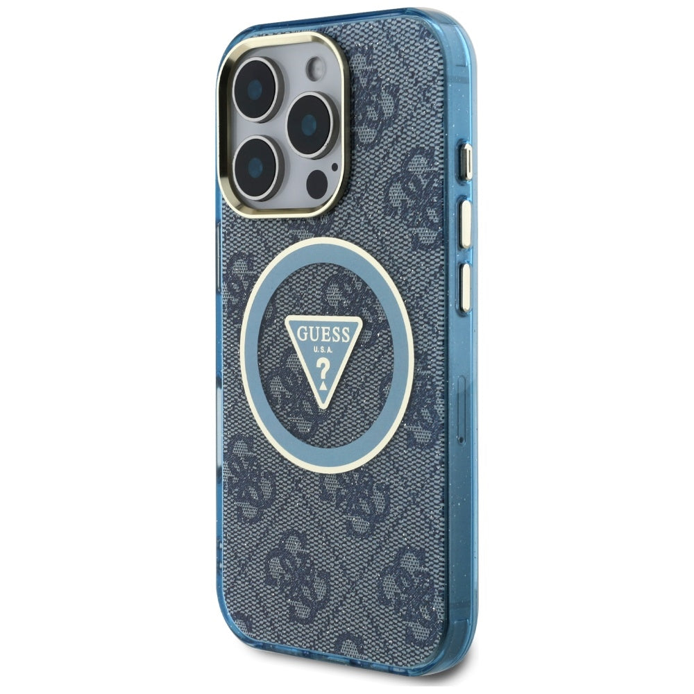 Pouzdro MagSafe pro Apple iPhone 16 Pro, Guess, IML Glitter 4G Circle Triangle, Modrá
