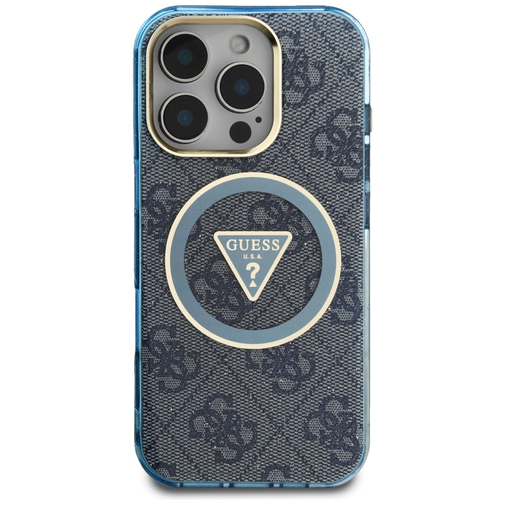Pouzdro MagSafe pro Apple iPhone 16 Pro, Guess, IML Glitter 4G Circle Triangle, Modrá