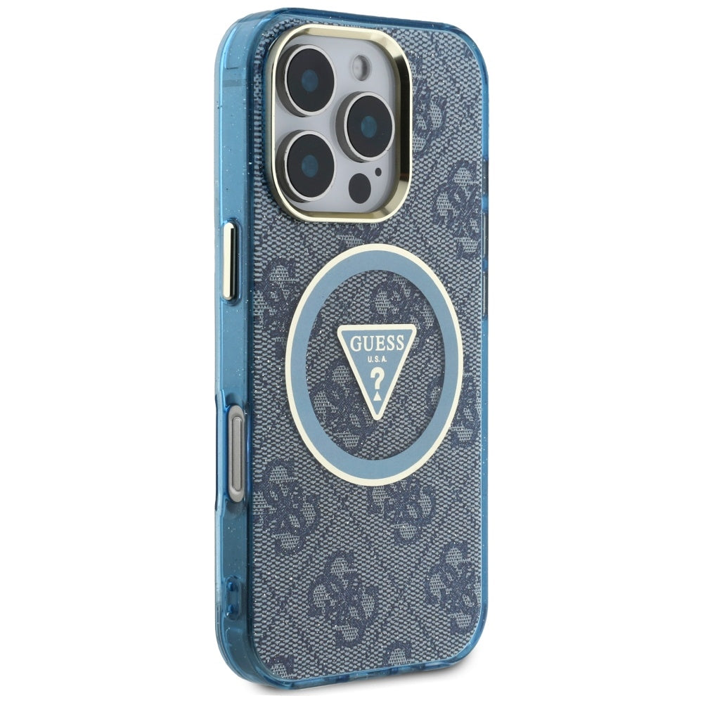 Pouzdro MagSafe pro Apple iPhone 16 Pro, Guess, IML Glitter 4G Circle Triangle, Modrá