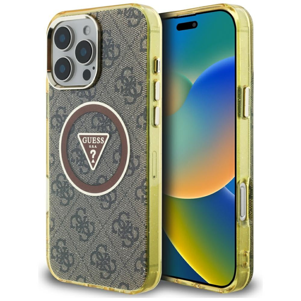 Pouzdro MagSafe pro Apple iPhone 16 Pro, Guess, IML Glitter 4G Circle Triangle, hnědá
