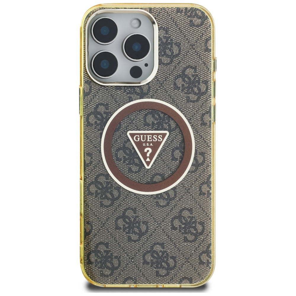 Pouzdro MagSafe pro Apple iPhone 16 Pro, Guess, IML Glitter 4G Circle Triangle, hnědá