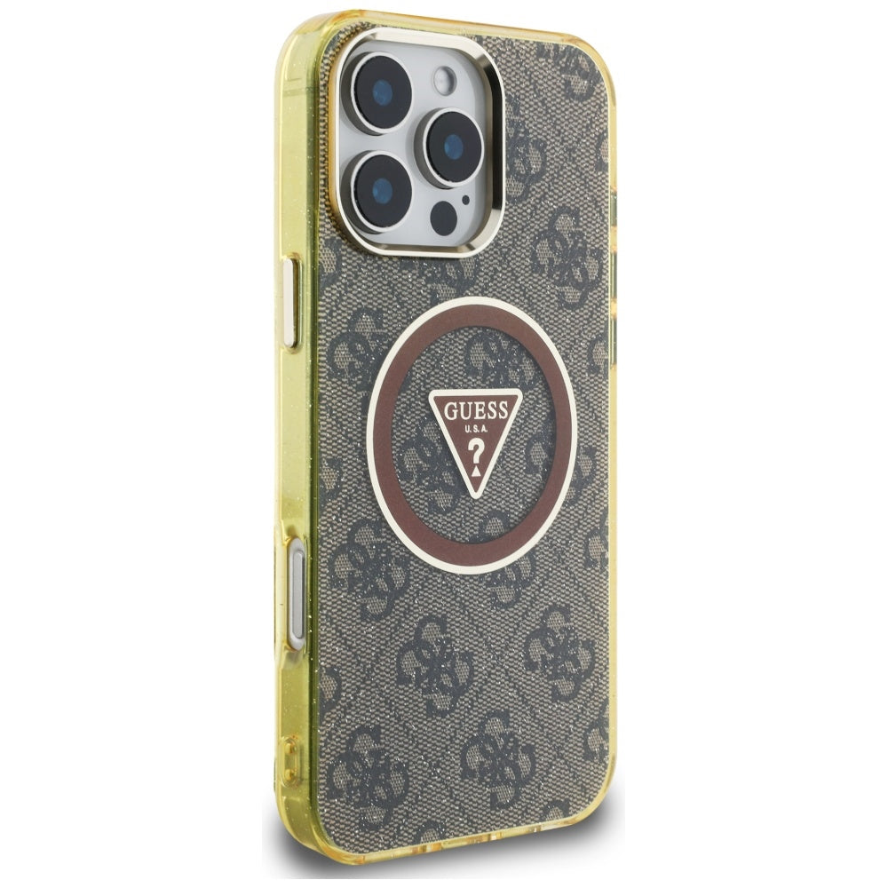 Pouzdro MagSafe pro Apple iPhone 16 Pro, Guess, IML Glitter 4G Circle Triangle, hnědá