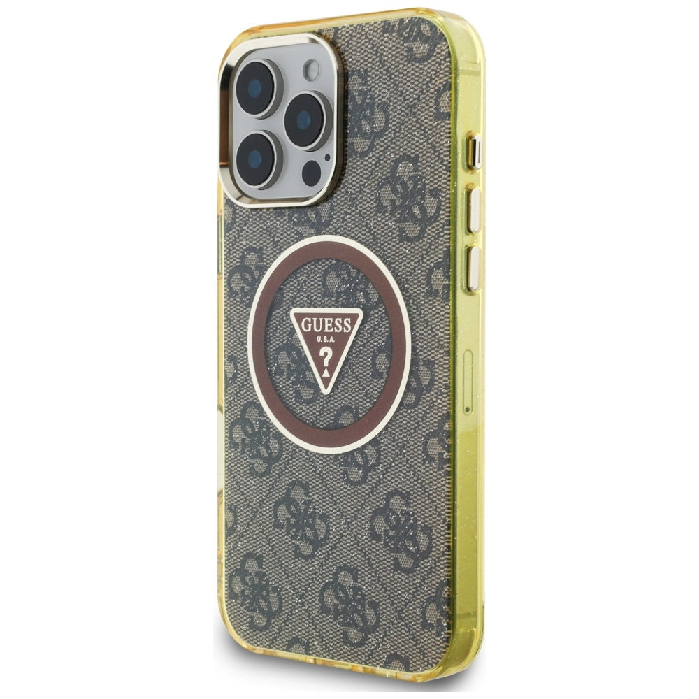 Pouzdro MagSafe pro Apple iPhone 16 Pro, Guess, IML Glitter 4G Circle Triangle, hnědá