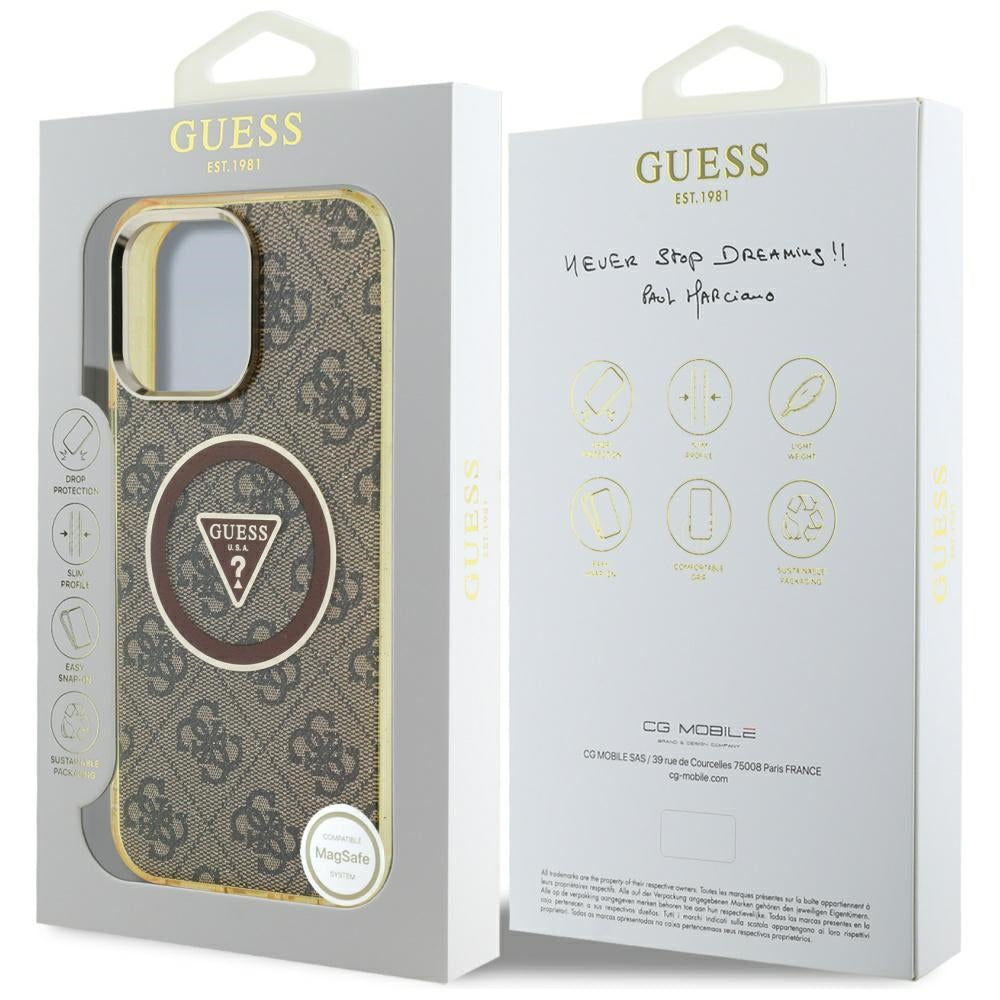 Pouzdro MagSafe pro Apple iPhone 16 Pro, Guess, IML Glitter 4G Circle Triangle, hnědá