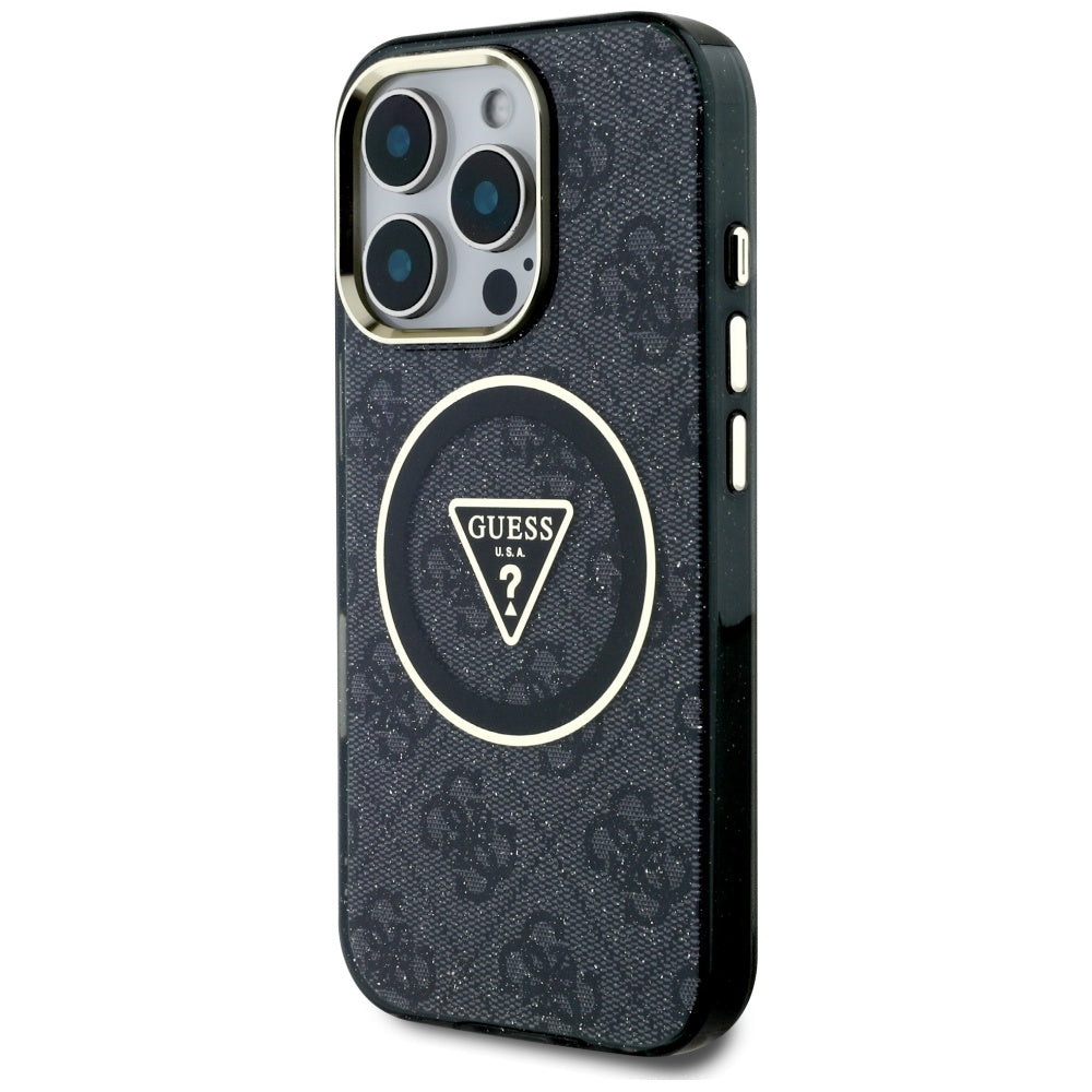Pouzdro MagSafe pro Apple iPhone 16 Pro, Guess, IML Glitter 4G Circle Triangle, Černá