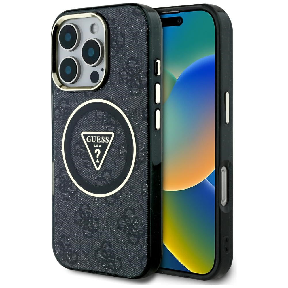 Pouzdro MagSafe pro Apple iPhone 16 Pro, Guess, IML Glitter 4G Circle Triangle, Černá