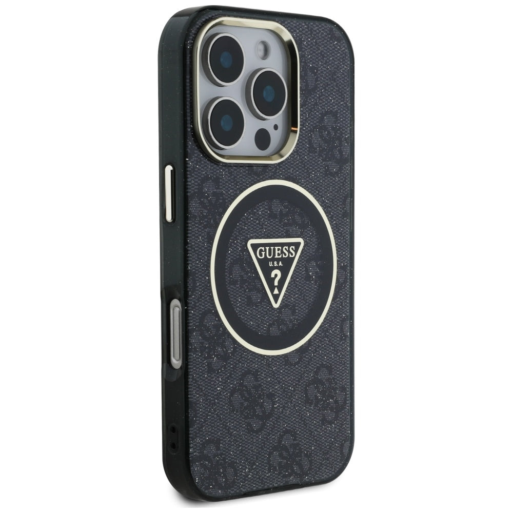 Pouzdro MagSafe pro Apple iPhone 16 Pro, Guess, IML Glitter 4G Circle Triangle, Černá