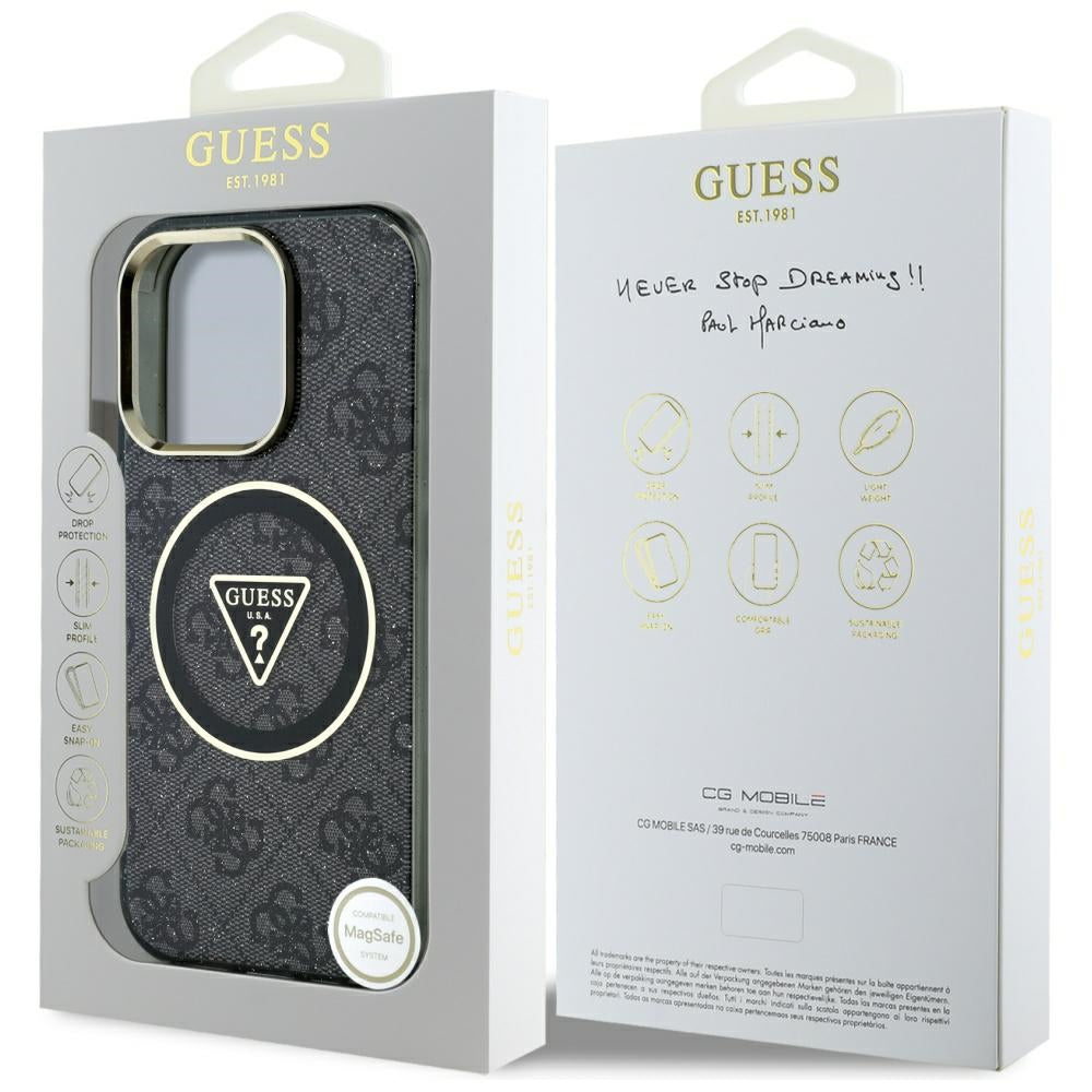 Pouzdro MagSafe pro Apple iPhone 16 Pro, Guess, IML Glitter 4G Circle Triangle, Černá