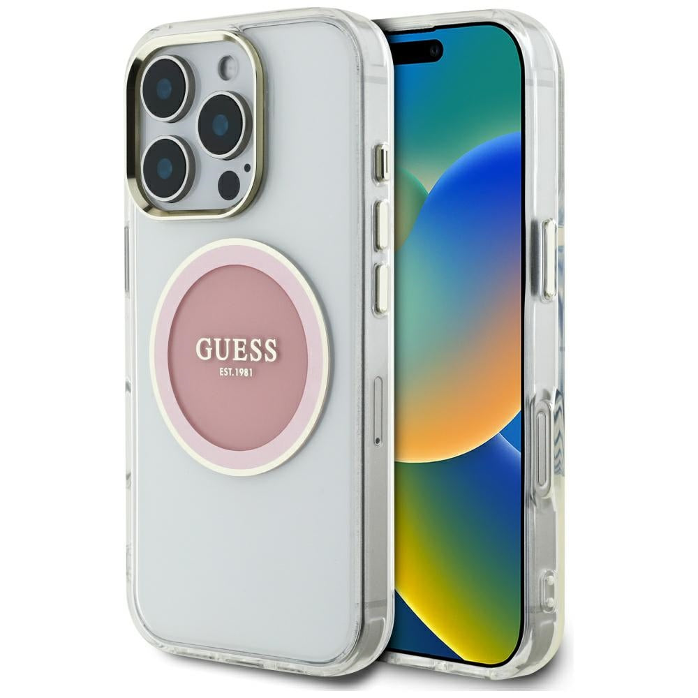 Pouzdro MagSafe pro Apple iPhone 16 Pro, Guess, IML Metal Colored Circle, Růžové
