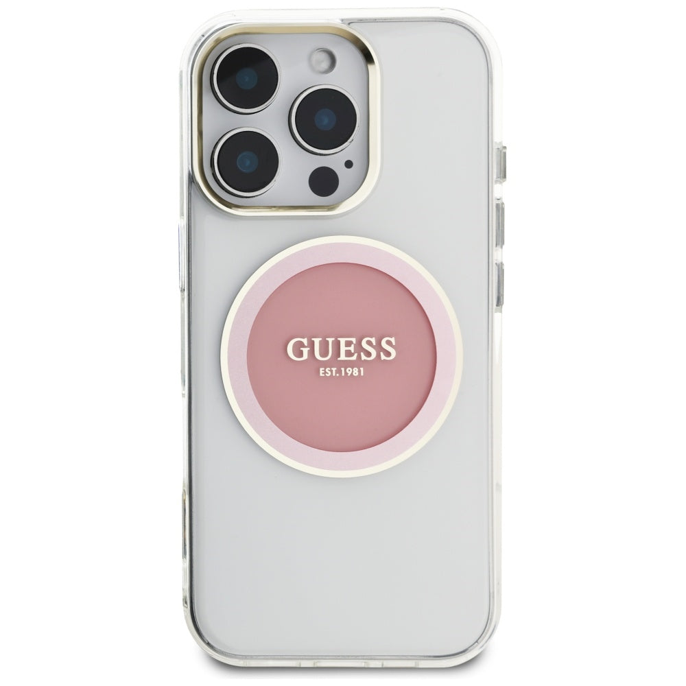 Pouzdro MagSafe pro Apple iPhone 16 Pro, Guess, IML Metal Colored Circle, Růžové