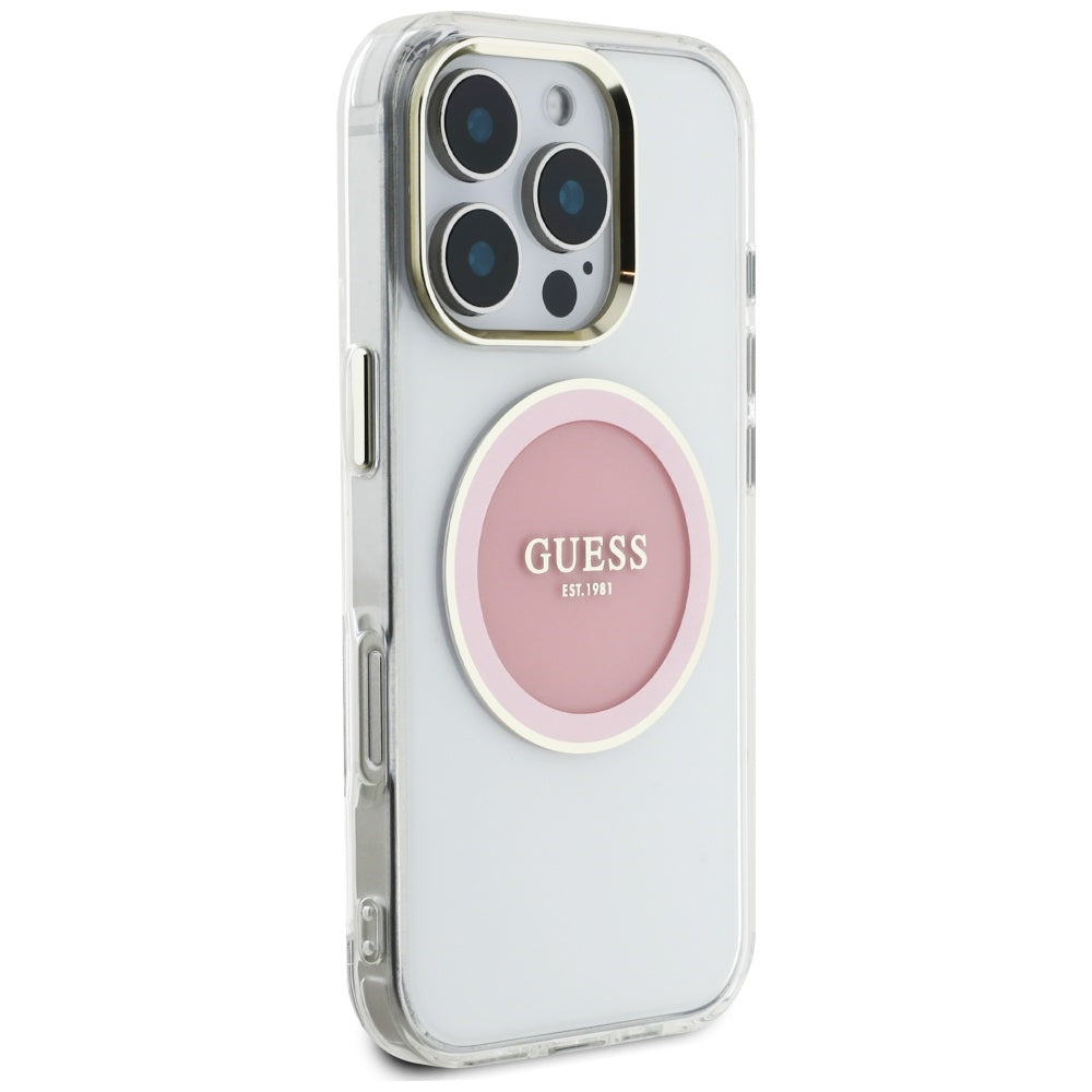 Pouzdro MagSafe pro Apple iPhone 16 Pro, Guess, IML Metal Colored Circle, Růžové