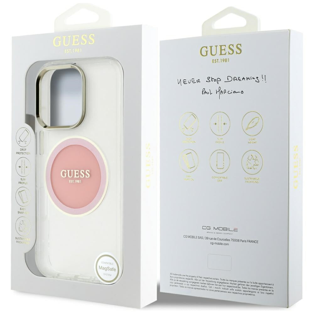 Pouzdro MagSafe pro Apple iPhone 16 Pro, Guess, IML Metal Colored Circle, Růžové